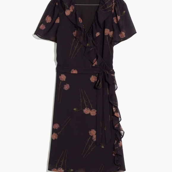 MADEWELL Black & Pink Floral Georgette Sheer Wrap Midi Dress - Picture 3 of 14